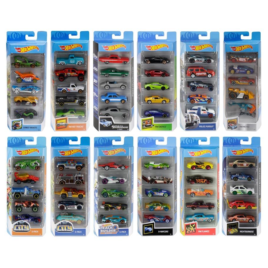 Hot Wheels 5-Car Pack of 1:64 Scale Vehicles, Colours and styles vary Gift for Collectors & Kids Ages 3 Years Old & Up